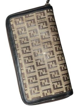 FENDI Zucca pattern round zipper long wallet fabric PVC leather khaki